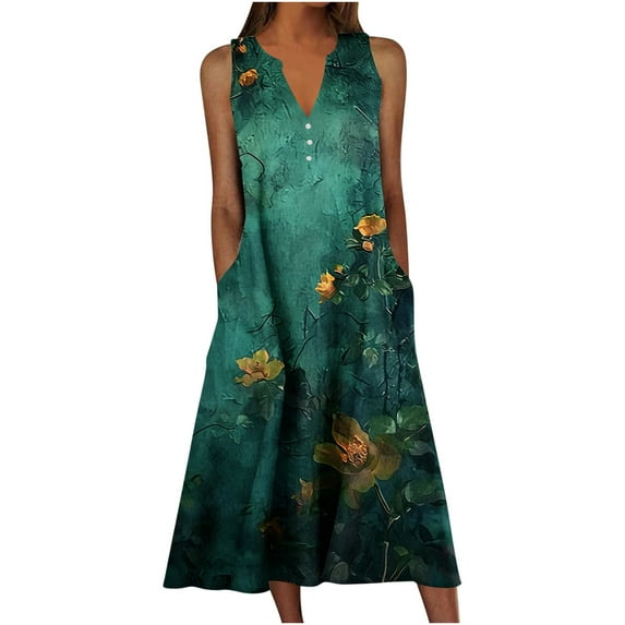 Lorytime Women's Maxi Dress Casual Button V Neck Long Dress Sleeveless Floral Graphic Print Calf Length Dress with Pocket Loose Trendy Travel Dress Summer Vacation Beach M