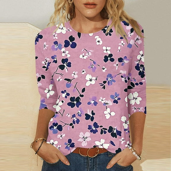 Lorytime Womens 3/4 Sleeve Shirts Plus Size Tunic Cotton Tops Dressy Casual Crewneck Shirts Funny Daisy Print T Shirts 2025 Trendy Spring Summer Ladies Tops Loose Fit Basic Outfits Pullover Pink 2XL