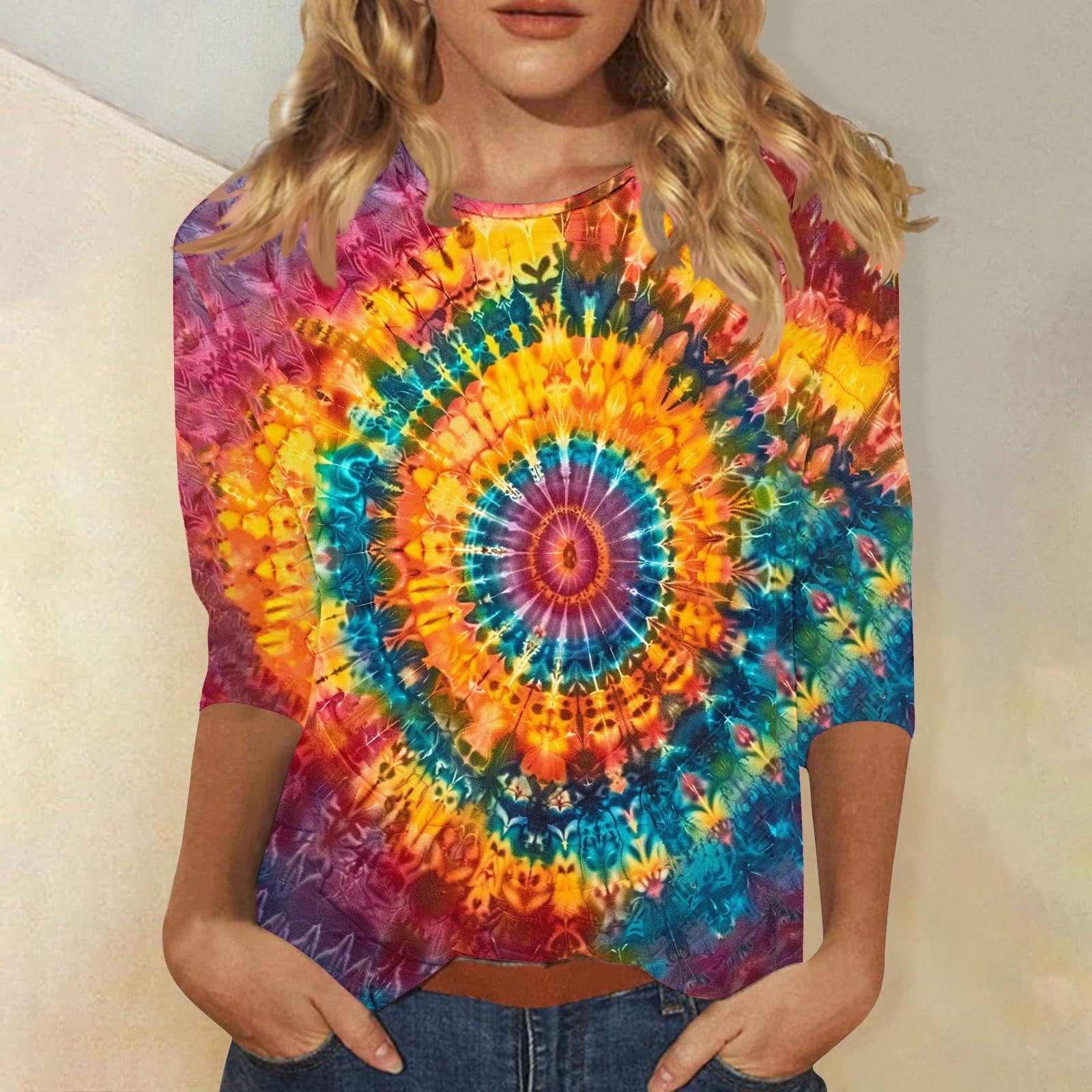 MONNURO Women's Tie Dye Purple 3/4 Sleeve Tunic Top - Loose Fit Swing Plus Size Casual Shirt (Sizes L-5X)