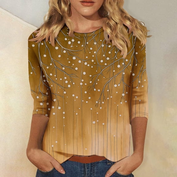 Lorytime Womens 3/4 Sleeve Tops Plus Size Tunic Cotton Tops Dressy Casual Crewneck Shirts Funny Flowers Graphic T Shirts 2025 Fashion Spring Summer Ladies Tops Loose Fit Outfits Pullover Coffee S