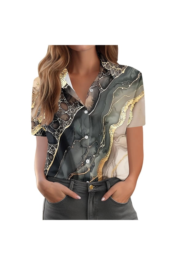 Womens Button down Shirt Crew Neck Shirts Short Sleeve Trendy Summer Blouse Graphic Loose Basic Outfit