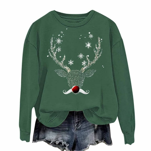 Lorytime Womens Crewneck Sweatshirt Fall Christmas Reindeer Print Shirt Long Sleeve Pullover Loose Tops for Holiday