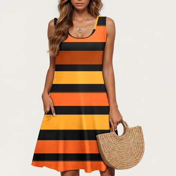Lorytime Womens Dresses Mini Orange Round Neck Tank Dress Sleeveless Striped Sundress Short Dress Oversized with Pocket Loose Trendy Travel Dresses Summer Beach Vacation S
