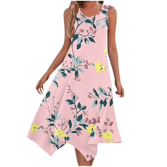 Lorytime Womens Dresses Sleeveless with Pockets Pink Summer Tank Dress Midi Dress Assymetrical Hem Hawaiian Sundress Calf Length Dresses Floral Print Round Neck Beach Dresses 2XL