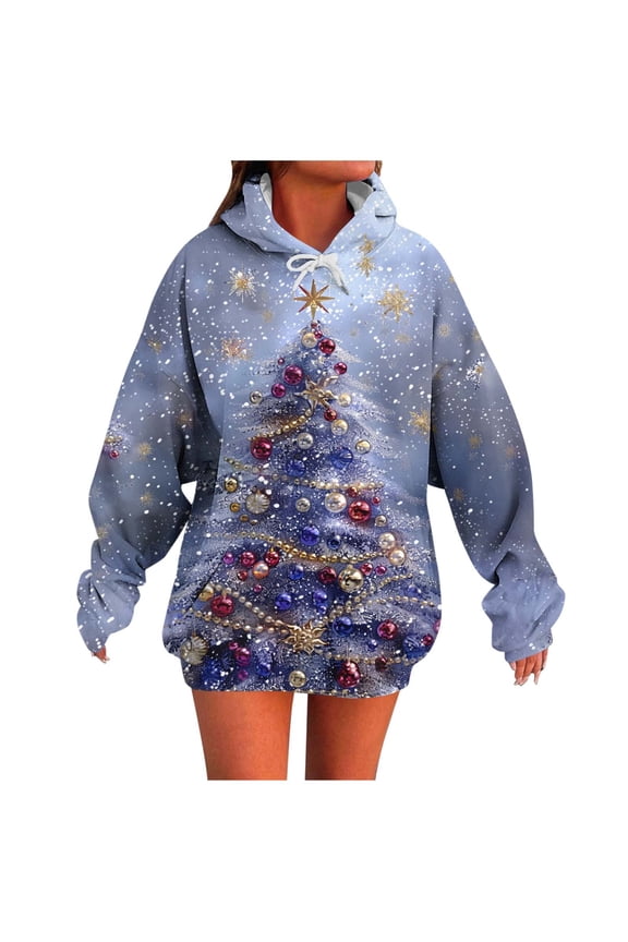 Womens Hoodies Oversized Christmas Tree Print Sweatshirt Crew Neck Long Sleeve Pullover Loose Tops for Festive