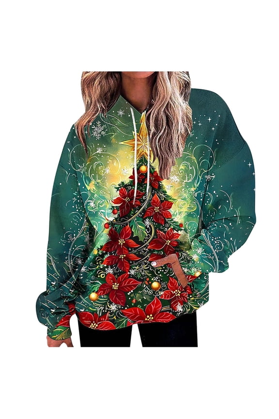 Womens Hoodies Oversized Christmas Tree Print Sweatshirt Long Sleeve Pullover Drop Shoulder Loose Tops