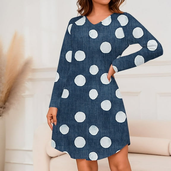 Lorytime Womens House Dresses Lounge Knee Length Long Sleeve Nightgowns V Neck Polka Dots Print Nightshirts Pajamas Dress Sleepdress Casual Comfy Soft House Nightdress Blue M