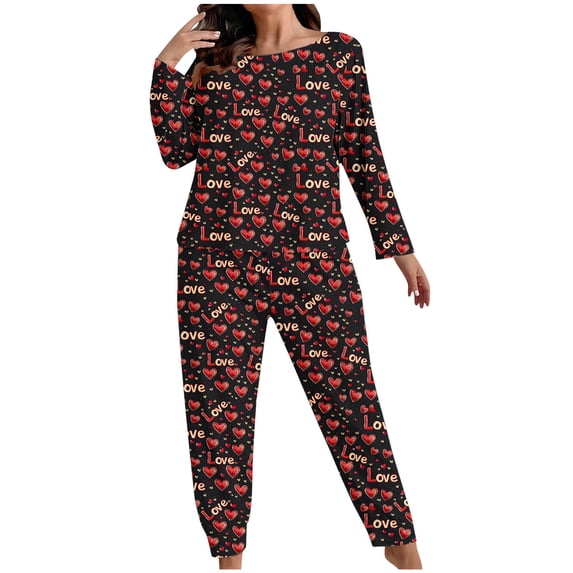 Lorytime Womens Long Sleeve Pajama Sets Valentines Heart Letters Crewneck Plus Size Tops and Pants Homewear Red 3XL