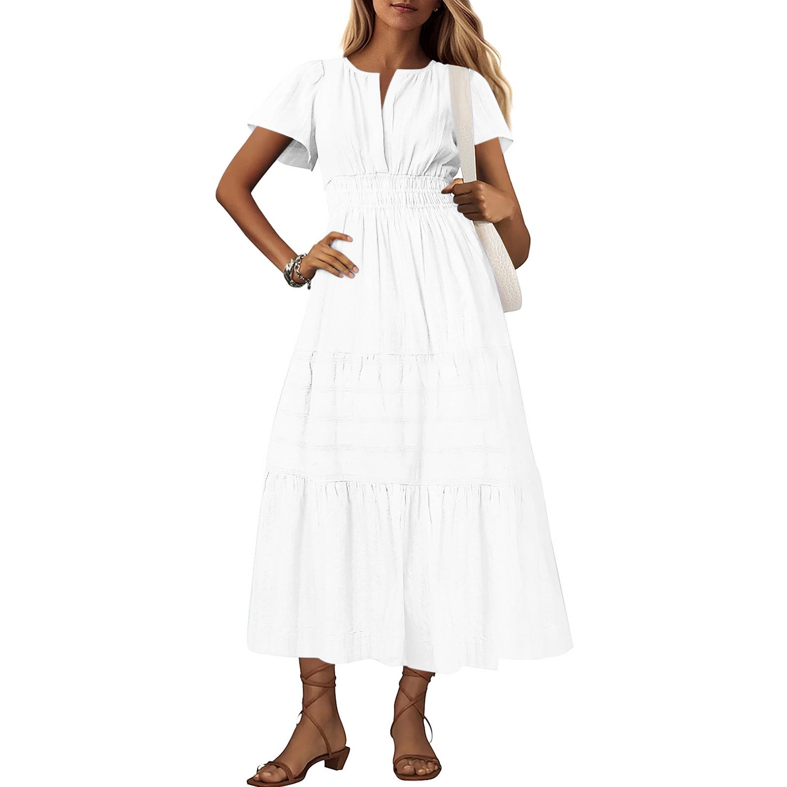 Lorytime Womens Midi Dresses with Short Sleeves White Summer Calf Length Dresses Pleated Tiered Hawaiian Flowy Coverup Solid V Neck Dress Casual Resortwear Stylish Clothes 2XL