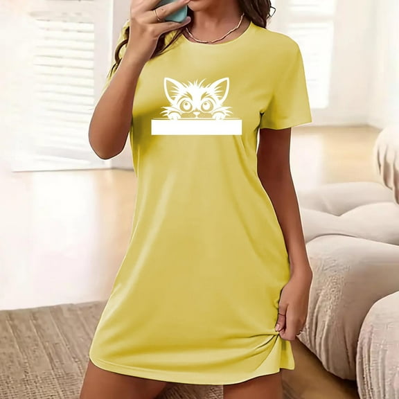 Lorytime Womens Nightgown Mid Length Knee Length Short Sleeve Nightgowns Oversized Crewneck Cute Sleepshirts Pajamas Dress Nightdress Comfy Soft Lounge Sleepdress Yellow L