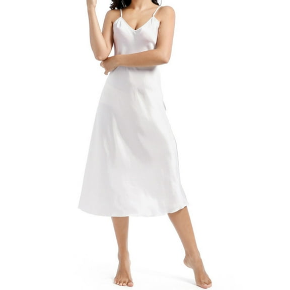 Lorytime Womens Nightgown Mid Length Midi Sleeveless Satin Nightdress V Neck Solid Nightshirts Sleepdress Spaghetti Strap Thin Pajamas Dress Comfy Soft Lounge Nightgowns White 2XL