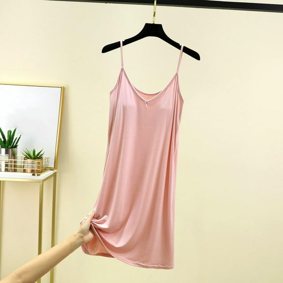 Lorytime Womens Nightgown Midi Knee Length Sleeveless Sleepdress V Neck Padded Solid Sleepshirts Nightdress Spaghetti Strap Pajamas Dress Comfy Soft Lounge Nightgowns Pink XL