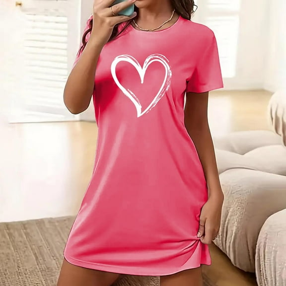 Lorytime Womens Nightgown Round Neck Knee Length Short Sleeve Pajamas Dress Oversized Heart Print Nightshirts Nightgowns Nightdress Comfy Soft Lounge House Sleepdress Pink XL