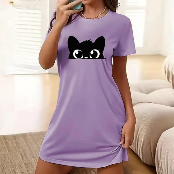 Lorytime Womens Nightgown Short Sleeve Knee Length Pajamas Dress Oversized Round Neck Cute Nightshirts Nightgowns Sleepdress Casual Comfy Soft Lounge House Nightdress Purple L