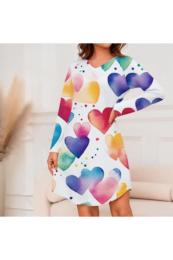 Womens Pajama Dress Long Sleeve Knee Length Sleepdress V Neck Heart Print Nightshirts Nightdress Nightgowns Casual Comfy Soft Lounge House Pajamas Dress Summer White M