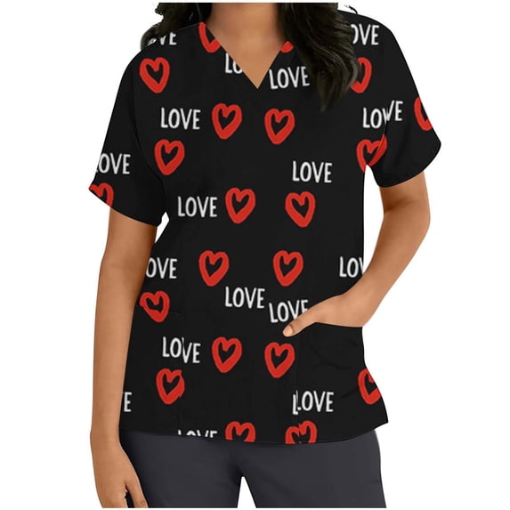 Lorytime Womens Scrub Tops Mother's Day Crew Neck T Shirts Short Sleeve Tee with Pockets Heart Loose Casual Work Clothes