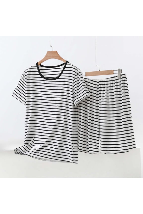 Womens Sets Summer 2 Piece Striped Tracksuits Crew Neck Short Sleeve Tops and Shorts Sports Outfits