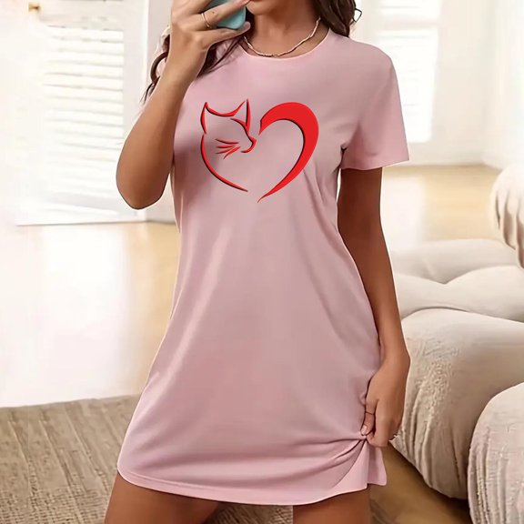 Lorytime Womens Sleep Dress Gown Knee Length Short Sleeve Nightgowns Oversized Round Neck Heart Print Sleepshirts Pajamas Dress Nightdress Comfy Soft Lounge Sleepdress Pink M