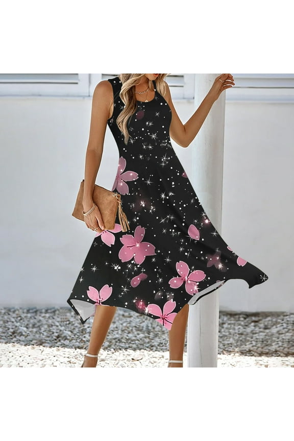 Womens Summer Dresses Sleeveless Midi with Pocket Tank Dress Hankerchief Hem Hawaiian Sundress Calf Length Dresses Floral Print Round Neck Beach Dresses Vacation XL