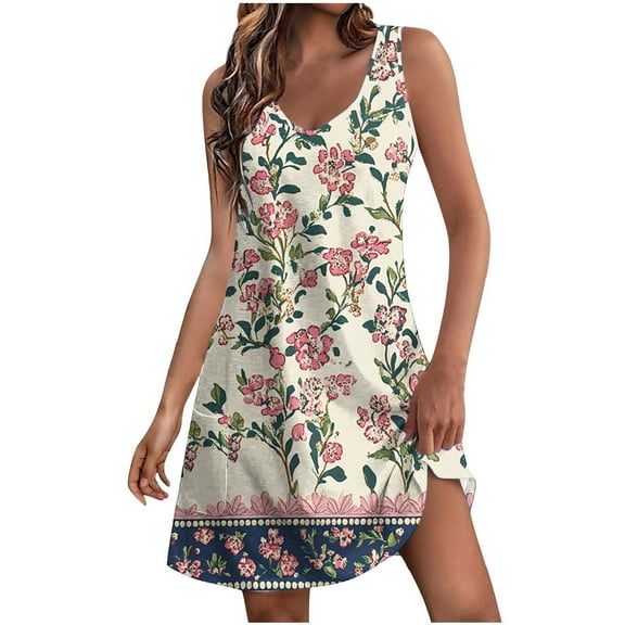 Lorytime Womens Sundresses Mini Summer with Pocket Sleeveless Tank Dress Hawaiian Flowy Knee Length Short Dress Floral Print V Neck Beach Dresses Casual Vacation Stylish XL