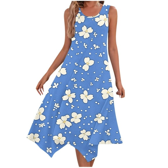 Lorytime Womens Sundresses Sleeveless Blue Summer with Pocket Tank Dress Midi Dress Hankerchief Hem Hawaiian Calf Length Dresses Floral Print Round Neck Beach Dresses Resortwear S