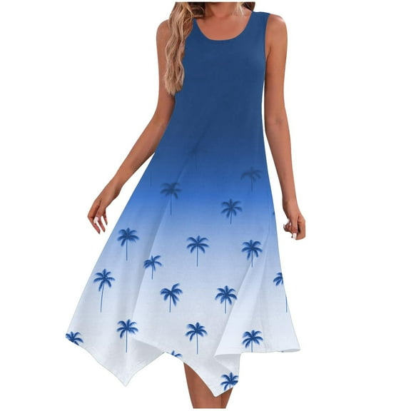 Lorytime Womens Sundresses Sleeveless Blue Summer with Pocket Tank Dress Midi Dress Hankerchief Hem Hawaiian Calf Length Dresses Tree Gradient Print Crewneck Beach Dresses M