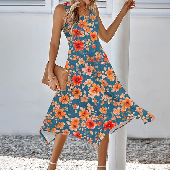 Lorytime Womens Sundresses Sleeveless Summer with Pocket Tank Dress Midi Dress Irregular Hem Hawaiian Calf Length Dresses Floral Print Round Neck Beach Dresses Resortwear S