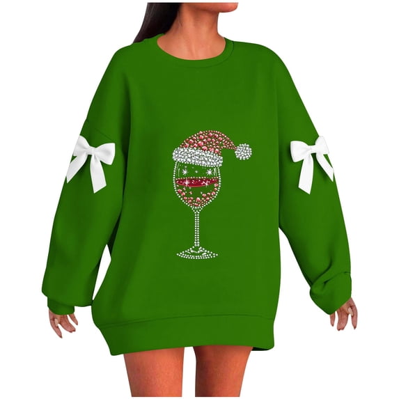 Lorytime Womens Sweatshirt Oversized Christmas Red Wine Glass Bow Shirt Crew Neck Long Sleeve Pullover Drop Shoulder Tops