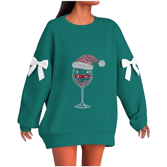 Lorytime Womens Sweatshirt Oversized Christmas Red Wine Glass Bow Shirt Crew Neck Long Sleeve Pullover Drop Shoulder Tops