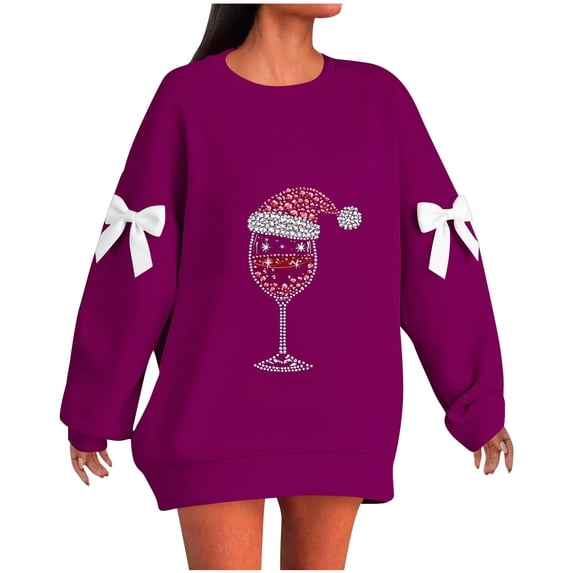 Lorytime Womens Sweatshirt Oversized Christmas Red Wine Glass Bow Shirt Crew Neck Long Sleeve Pullover Drop Shoulder Tops