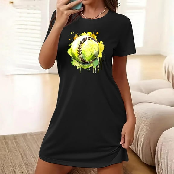 Lorytime Womens Vintage Nightgown Knee Length Short Sleeve Nightdress Oversized Crewneck Ball Print Sleepshirts Pajamas Dress Sleepdress Comfy Soft Lounge Nightgowns Black L