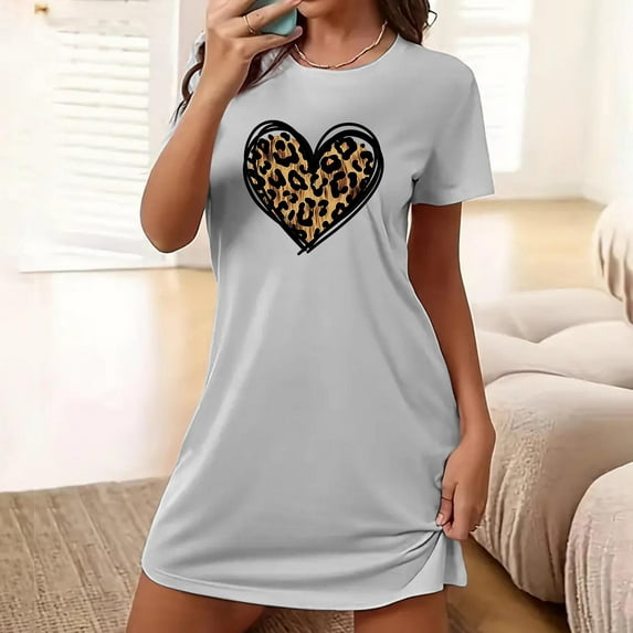 Lorytime Womens Vintage Nightgown Knee Length Short Sleeve Pajamas Dress Oversized Crewneck Heart Print Sleepshirts Sleepdress Nightgowns Comfy Soft Lounge Nightdress Gray 2XL