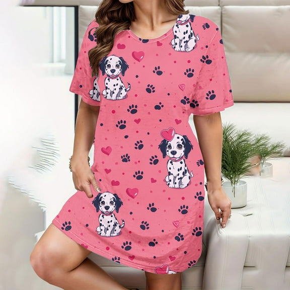 Lorytime Womens Vintage Nightgown Knee Length Short Sleeve Pajamas Dress Oversized Round Neck Cute Graphic Print Nightshirts Nightgowns Nightdress Soft Lounge Sleepdress Pink XL