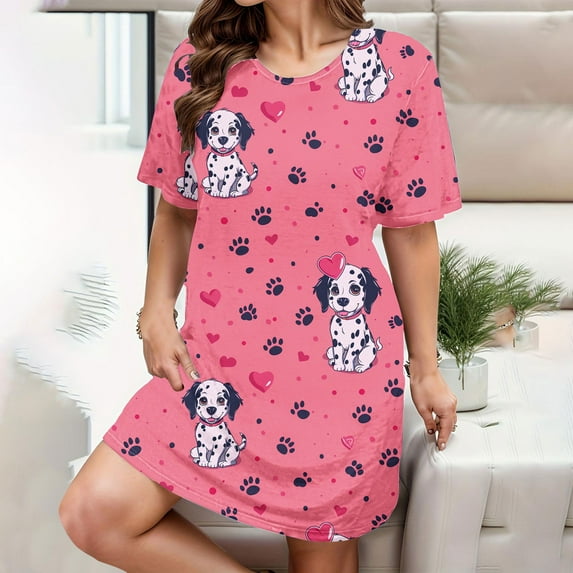 Lorytime Womens Vintage Nightgown Knee Length Short Sleeve Pajamas Dress Oversized Round Neck Cute Graphic Print Nightshirts Nightgowns Nightdress Soft Lounge Sleepdress Pink XL