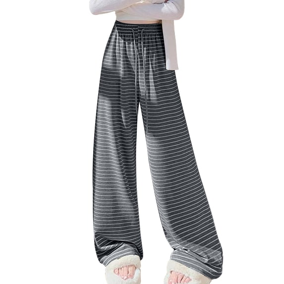Lorytime Womens Wide Leg Pants Stripe Elastic Waist Trousers Drawstring Loose Summer Pants Soft Casual Clothes Gray L