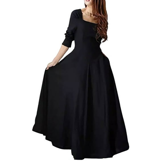 Lorytime Womens a Line Dress Formal Maxi Evening Gown Crew Neck Cocktail Dresses Long Sleeve Solid Party Dresses