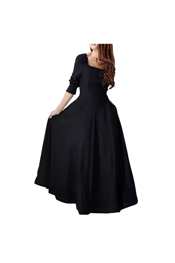 Womens a Line Dress Formal Maxi Evening Gown Crew Neck Cocktail Dresses Long Sleeve Solid Party Dresses