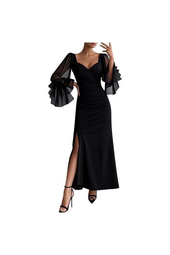 Womens a Line Dress Formal Midi A Line Gown Split V Neck Cocktail Dresses Flared Sleeve Solid Party Dresses