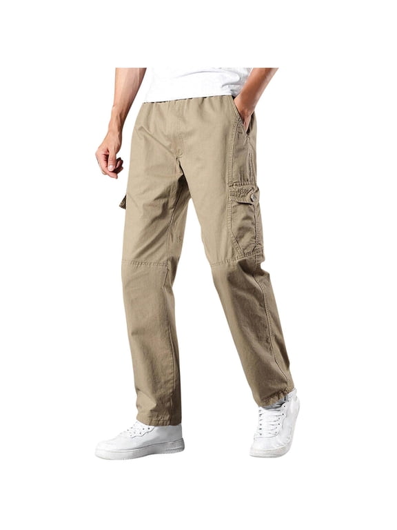 Work Cargo Pants for Men Cotton Elastic Waist Straight Leg Pants Athletic Trousers with Multi Pockets Outwear