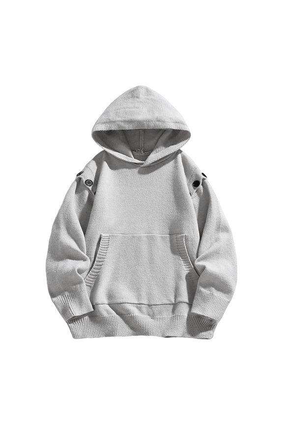 Work Hoodies for Men Solid Knit Sweater Buttom Long Sleeve Sweatshirt with Pocket Casual Tops Gray M