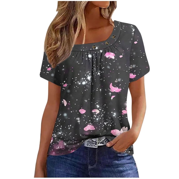 Lorytime Workout Shirts for Women Short Sleeve Shirt Square Neck Trendy Tops Hawaii Ruffle Loose Basic Clothes Pink 3XL