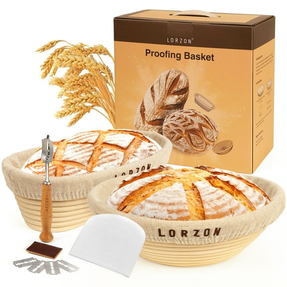 Lorzon Banneton Bread Proofing Baskets Set of 2, 10" Round & 11" Oval Sourdough Proofing Baskets with Sourdough Bread Baking Supplies, Bread Making Kit