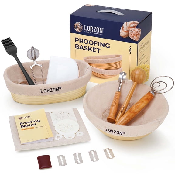 Lorzon Banneton Bread Proofing Baskets Set of 2, 10" Round & 11" Oval Sourdough Proofing Baskets with Sourdough Bread Baking Supplies, Complete Bread Making Kit (Plastic)