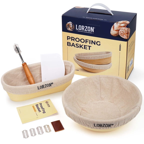 Lorzon Banneton Bread Proofing Baskets Set of 2, 10" Round & 11" Oval Sourdough Proofing Baskets with Sourdough Bread Baking Supplies (Plastic)