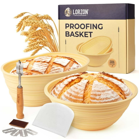 Lorzon Silicone Banneton Bread Proofing Baskets Set of 2, 9" Round & 10" Oval Foldable Sourdough Proofing Baskets with Sourdough Bread Baking Supplies, Including Bread Lame, Dough Scraper