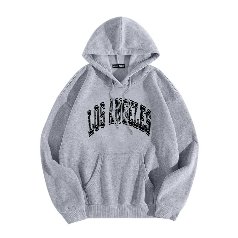 Los Angel Men Women Letter Graphic Hooded Print Round Neck Long Sleeve  Sweatshirt Tops essentials hoodie Grey 