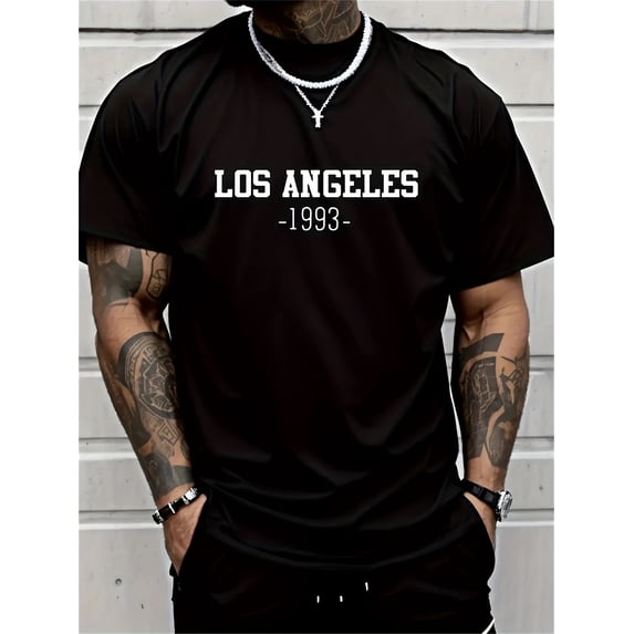 Los Angeles 1993 Graphic Print T-Shirt for Men - Casual Crew Neck Tee with Slight Stretch, Polyester Blend (95% Polyester, 5% Elastane), Summer Fashion Top