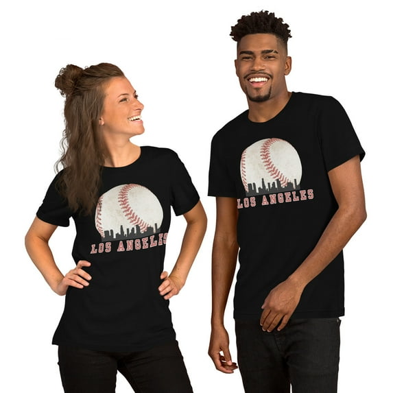 Los Angeles Baseball City Skyline Graphic T-Shirt, Vintage Sports Tee (Black, XL)