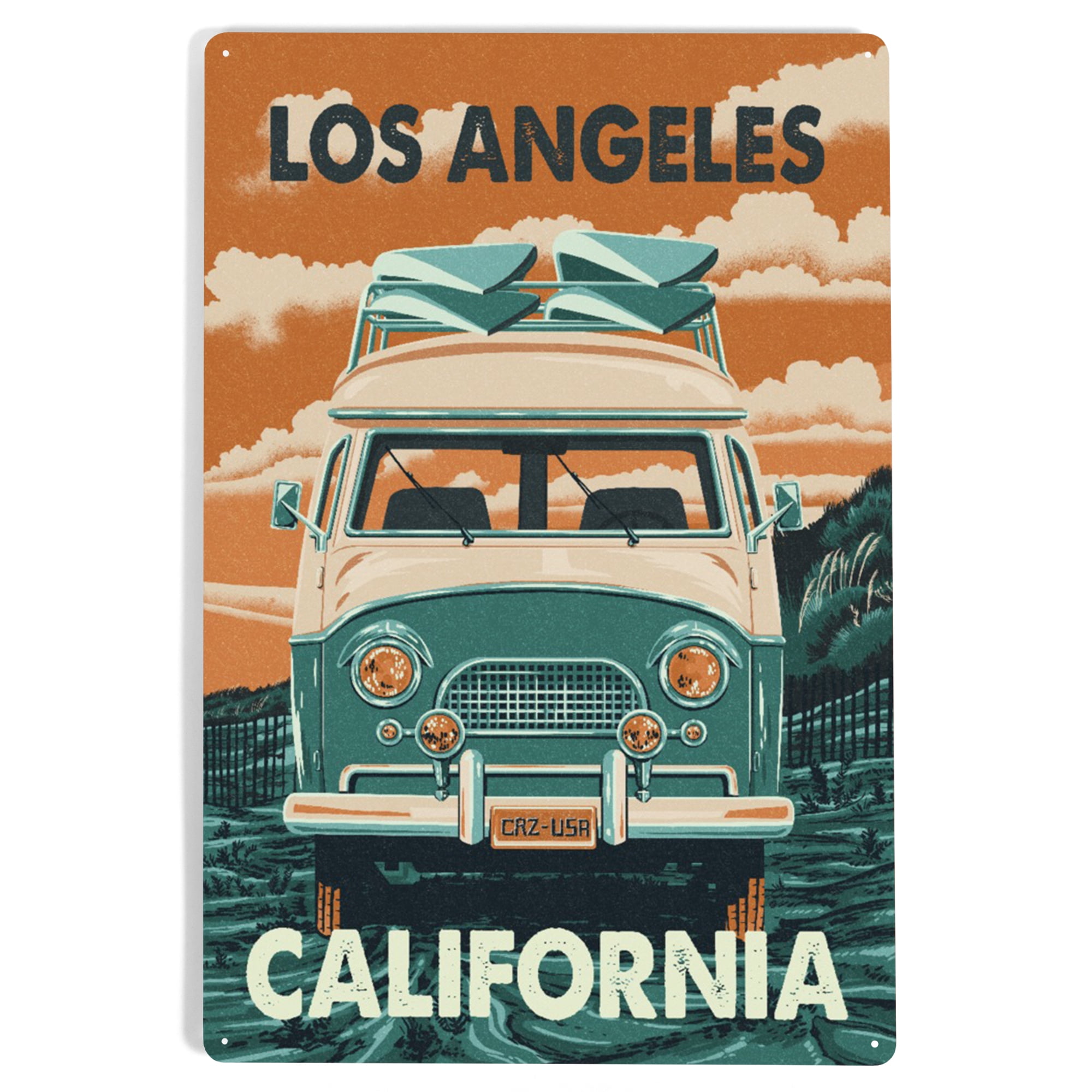 Los Angeles, California, Camper Van, Letterpress (12x18 Aluminum Art