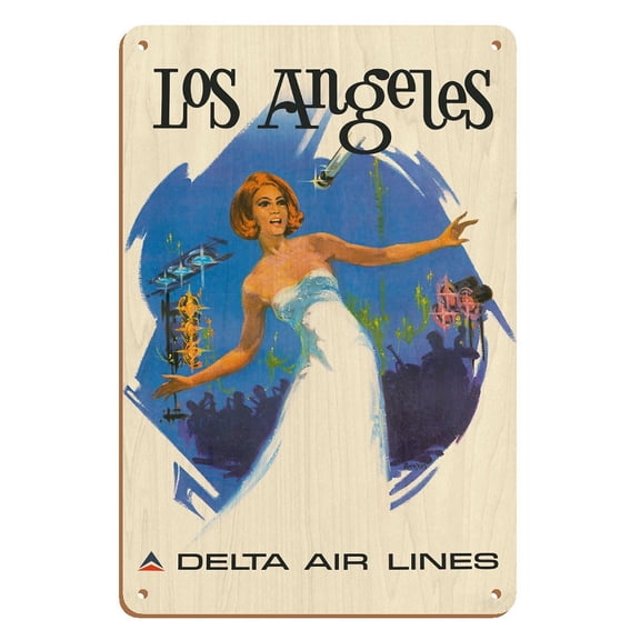 Los Angeles California - Delta Air Lines - Vintage Airline Travel Poster by Daniel C. Sweeney c.1970s - 8 x 12 inch Vintage Wood Art Sign